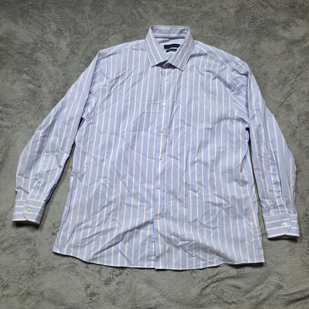 Tommy Hilfiger Men XL 17 32/33 THFlex Supima Slim Fit Stretch Striped Shirt Blue